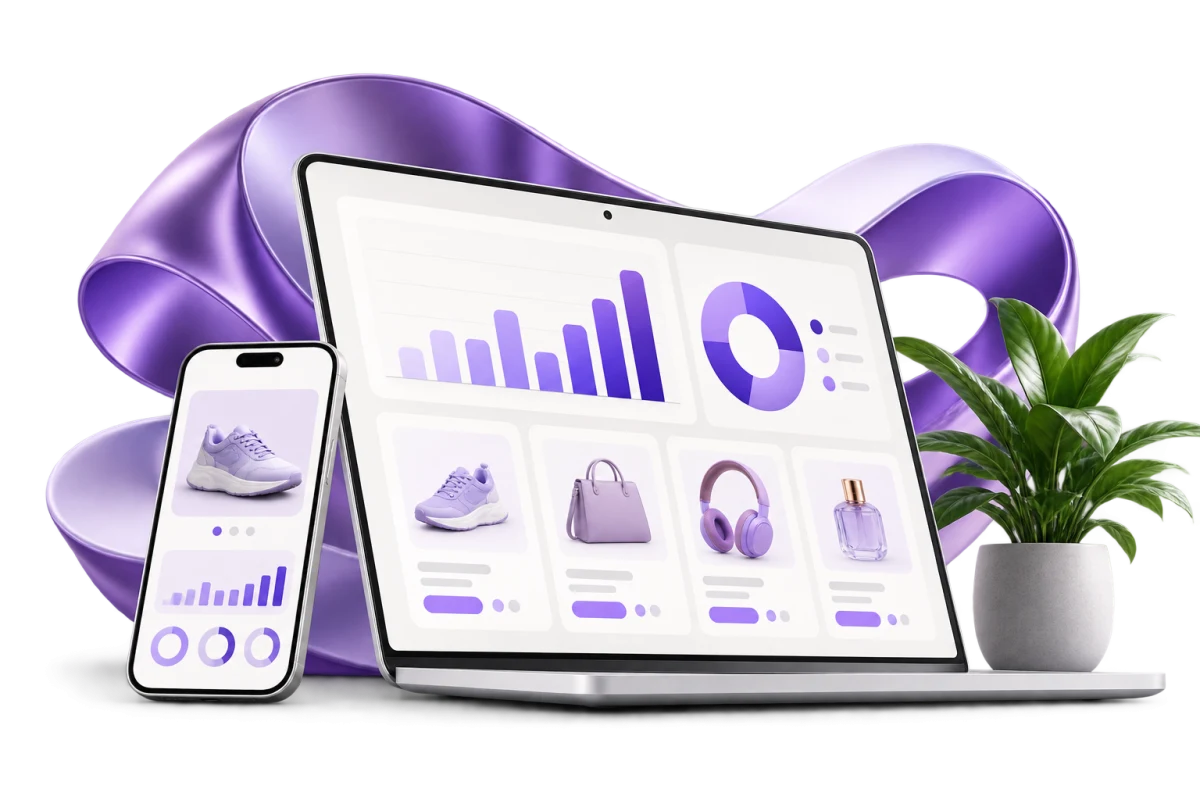 Illustrative ecommerce dashboard and mobile storefront