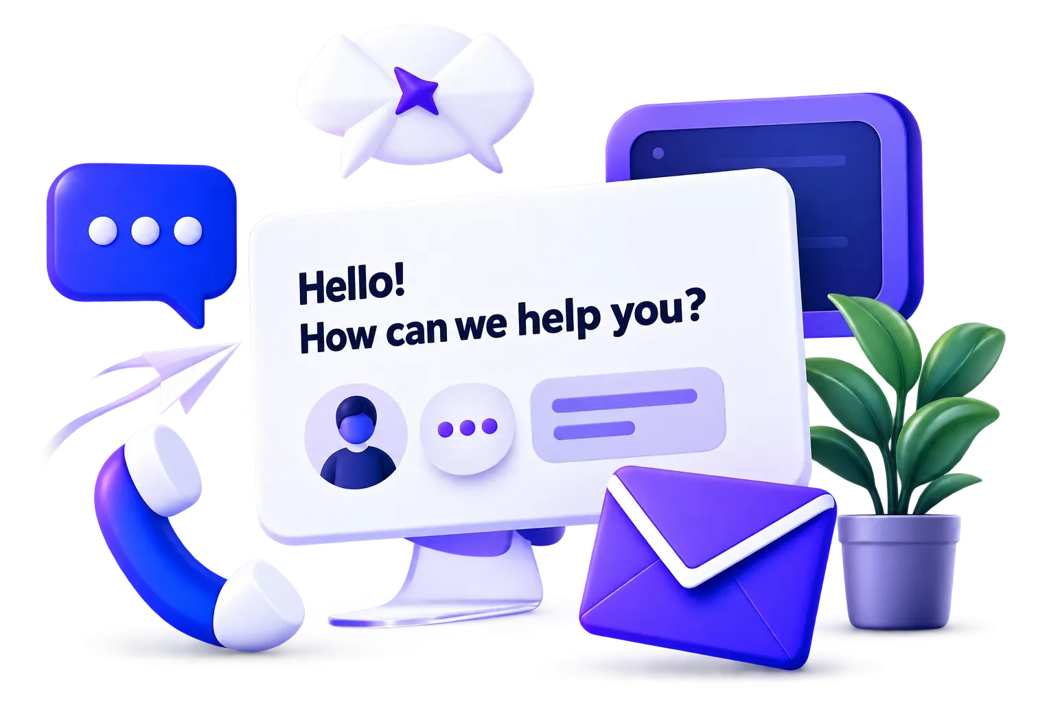 3D contact panel with a phone, envelope and chat bubbles