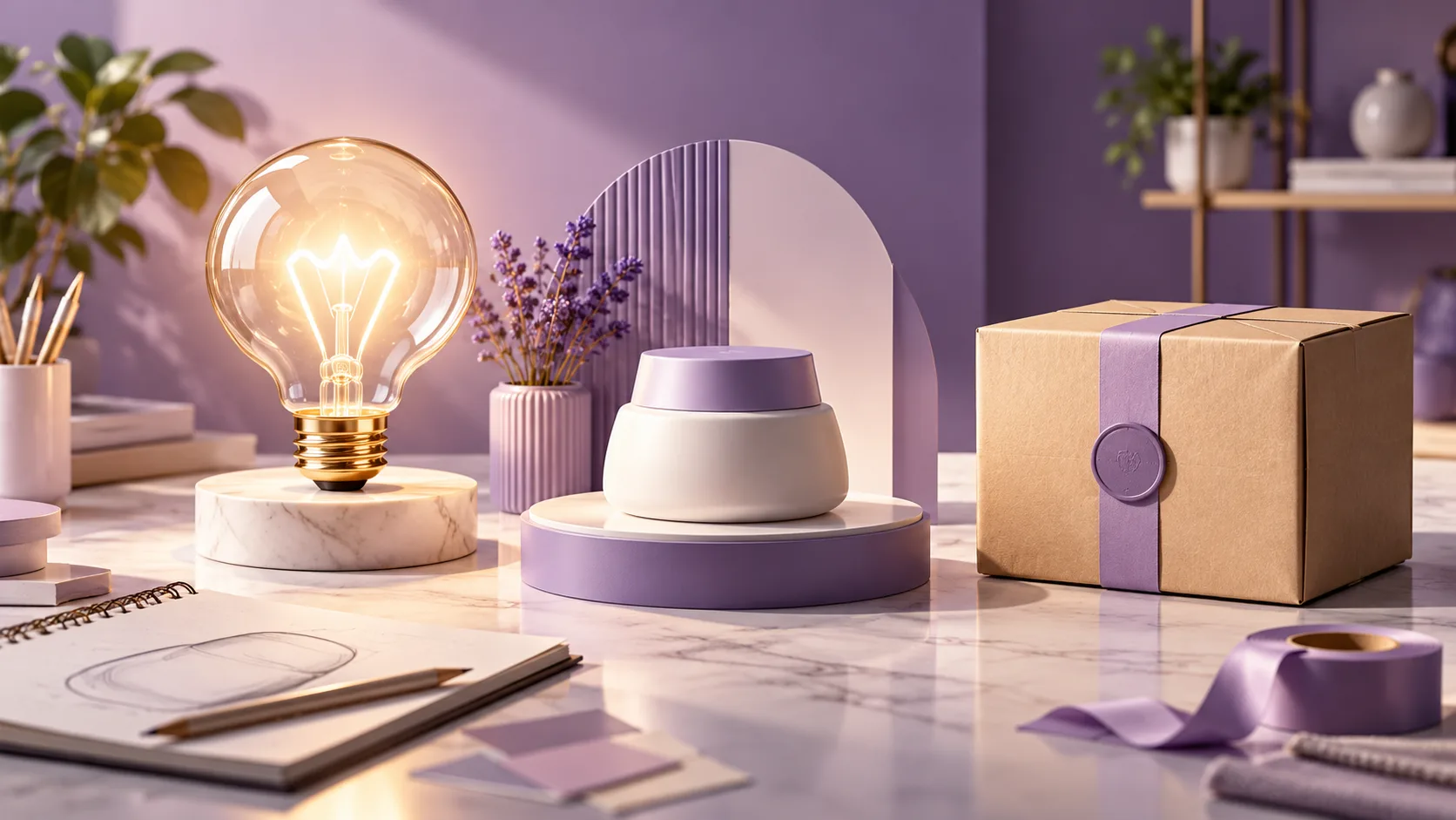 Conceptual stages of an idea, a product and a first parcel on simple display platforms