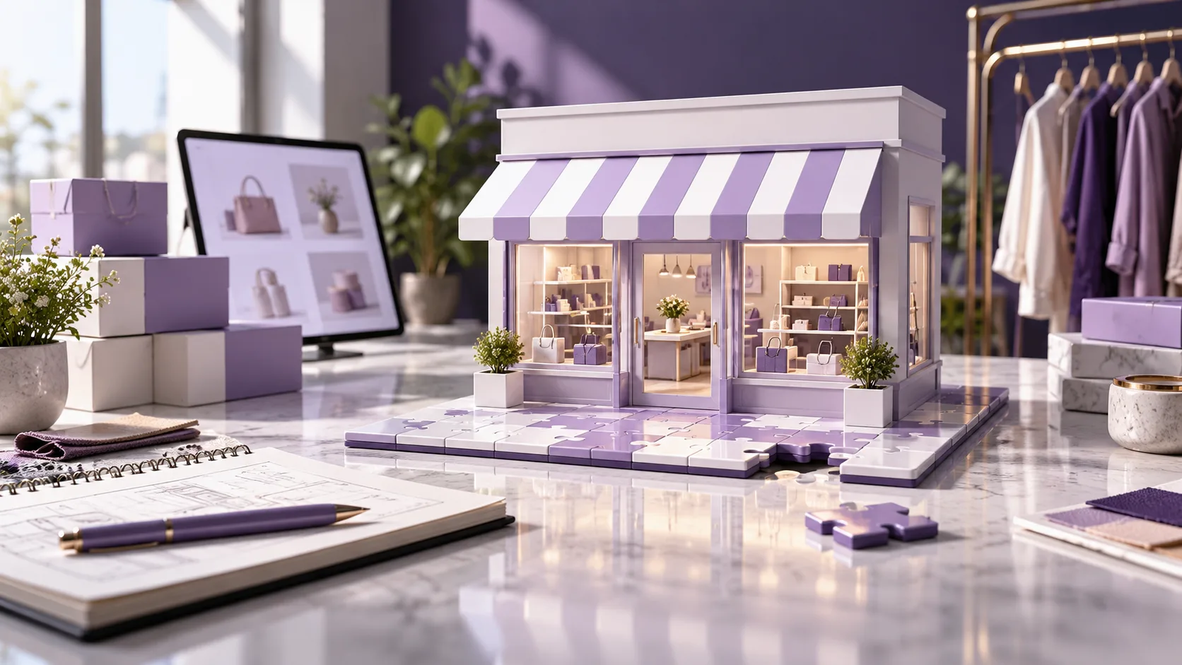 Conceptual miniature storefront on aligned puzzle pieces with one piece awaiting a position check